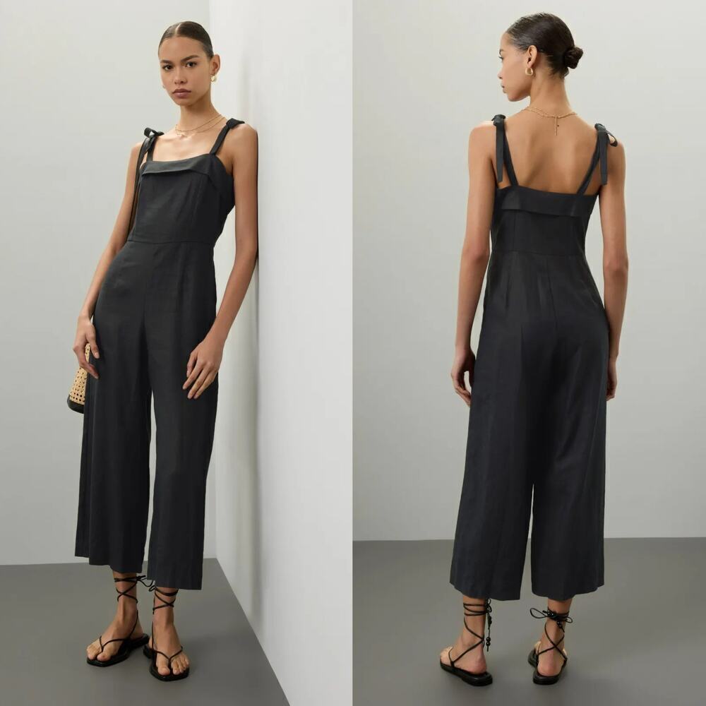 Fifteen Twenty Paloma Jumpsuit Sleeveless Tie Strap Wide Leg 100% Linen Black 8